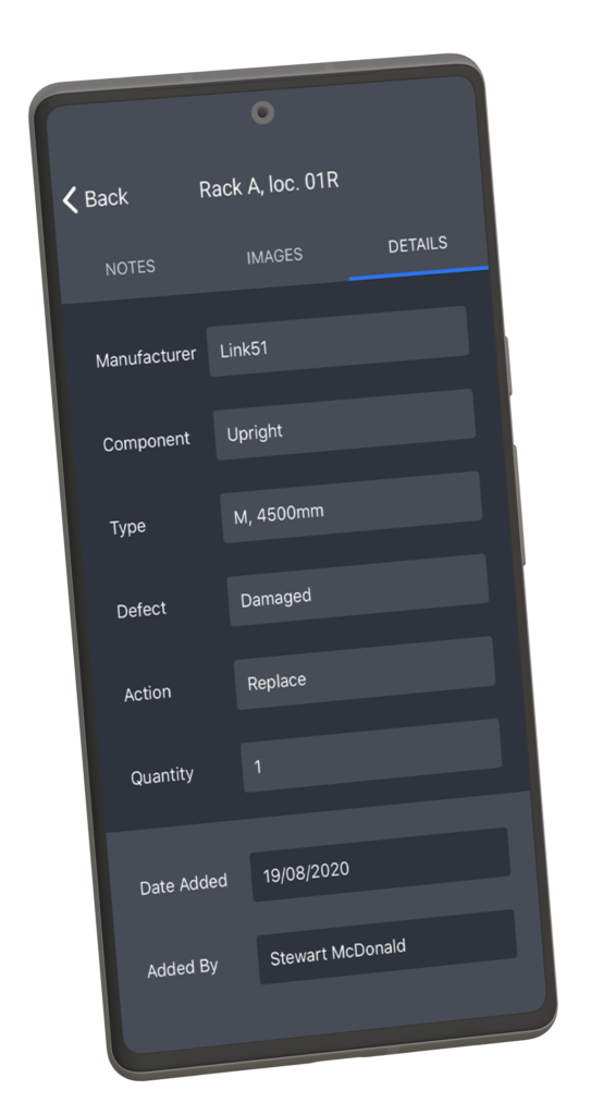 Econform - Warehouse Racking Inspection Mobile App Screen 1 A mobile device showing an open application